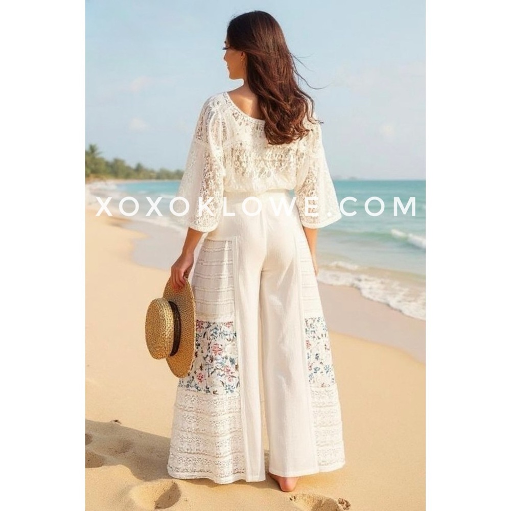 POL White Floral Lace Patchwork Boho Wide Leg Pants | Elastic Waist Pull On - Picture 6 of 10
